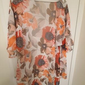 Floral Sheer Shift Dress in Orange and Taupe